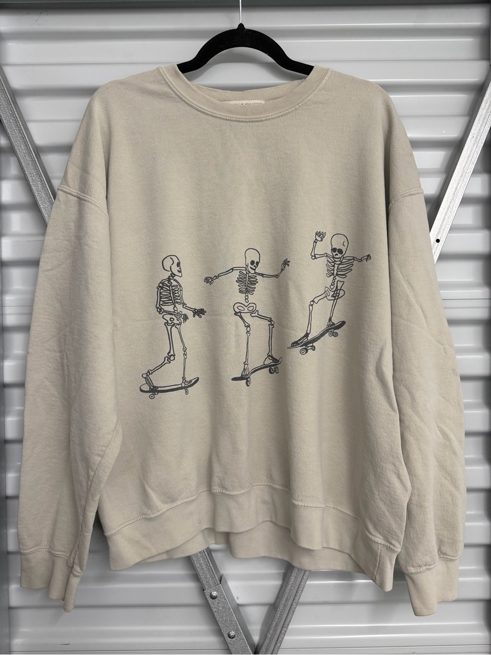 Project Social T Beige Crewneck Sweatshirt with Skate Skeleton Graphic